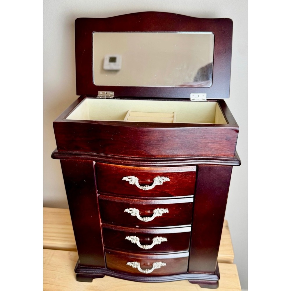 Vintage Mahogany Wood Jewelry Armoire Box Tabletop Dresser Chest Side Doors - Picture 2 of 8